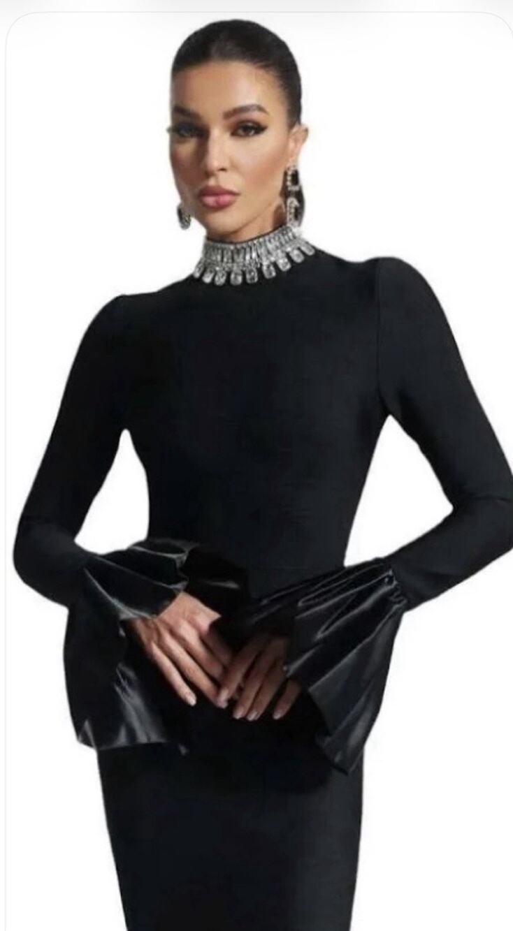 Mew Mews Women's Black Sheath Long Dress Mock Neck Bell Sleeve Beaded M
